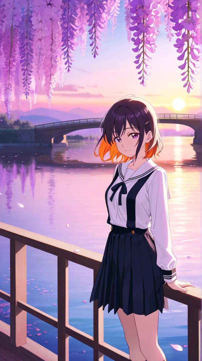 A breathtaking anime-style wallpaper depicting a high school couple standing on a beautiful, tranquil bridge at sunset. The couple faces away from the viewer, gently leaning against the bridge railing, gazing at a mesmerizing landscape of a glowing horizon...