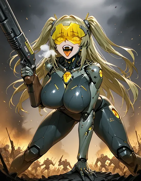  1 girl, ((maize hair)),  Big Breasts ,  yellow eyes, Cyber,have shotgun,cyborg, character design drawing, battlefield,stand up straight,cyber visor, Two Sides Up,  open your mouth,  tongue,  rough breathing, Show your fangs, Crazy Eyes, 