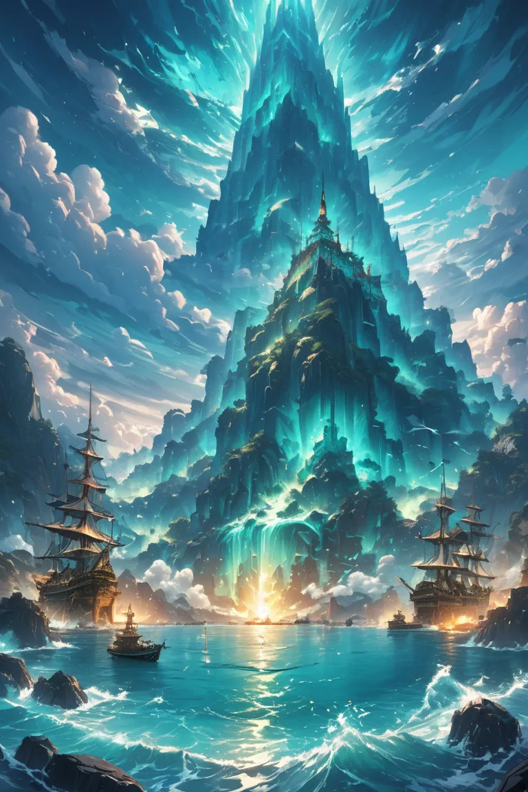 MASSIVE pirate harbour in the sea, a mountain with a geyser behind the harbour, ( Sea green color scheme ), best quality, pirate harbour, ships all over the harbour