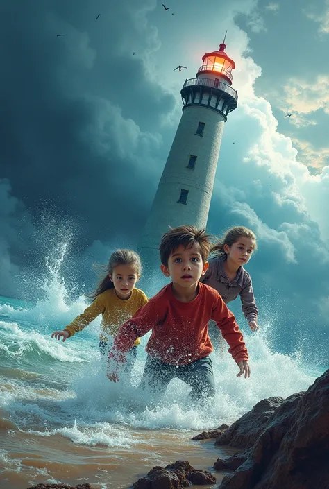 storm surge poster with 1 boy and 2 girls with lighthouse and evacuation