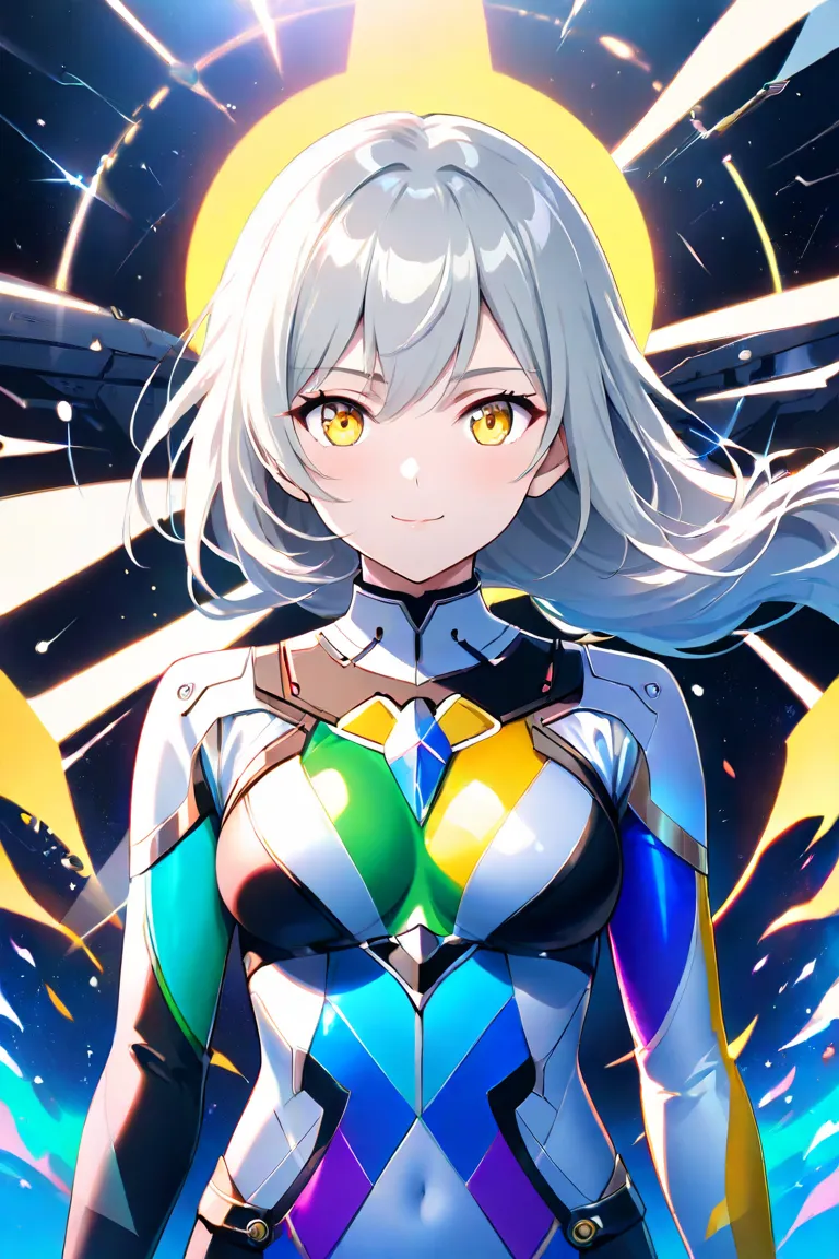 Silver Haired Girl　Age 15　 white skin　side tail hairstyle　 yellow eyes　　cool　Calm　Smile　 anime　comics　heroine　medium breasts　　One person　 perfect finger　Perfect Anatomy　　　swimsuit　