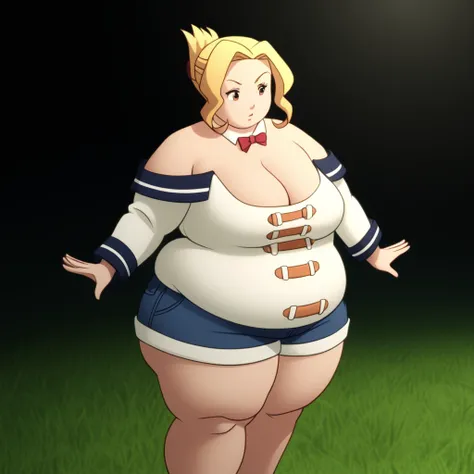 bow, cleavage, bare shoulders, shorts, detached collar, luna, blonde hair, brown eyes, folded ponytail, fat, chubby, obese, full body shot 