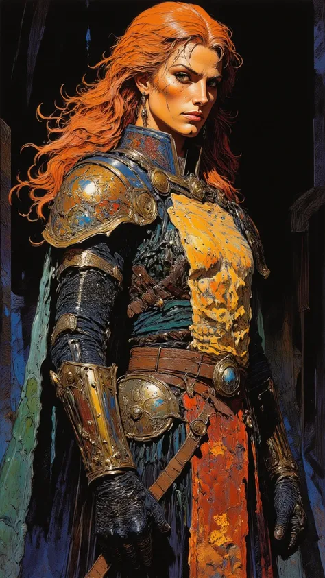 A STUNNING 30-YEAR OLD，SEXY WOMAN KNIGHT，Full body shot，embroidered clothing.long red hair