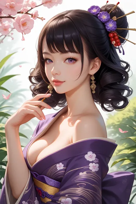 A very sexy asian woman, big dark eyes, 29 years old, curly black hair, Japanese traditional hairdo, big boobs, wearing a sexy silk violet kimono, no background, picture in anime style