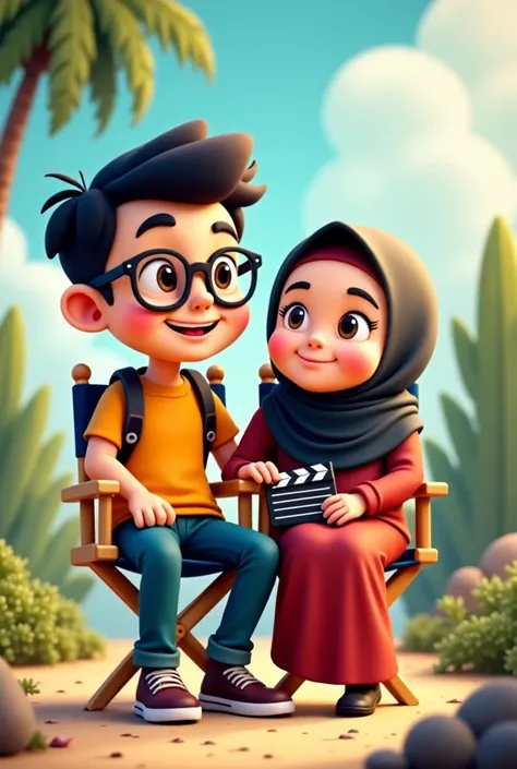 Cartoon a specky malay man with outdoor outfit, with a cute chubby women, hijab, sit on the director chair