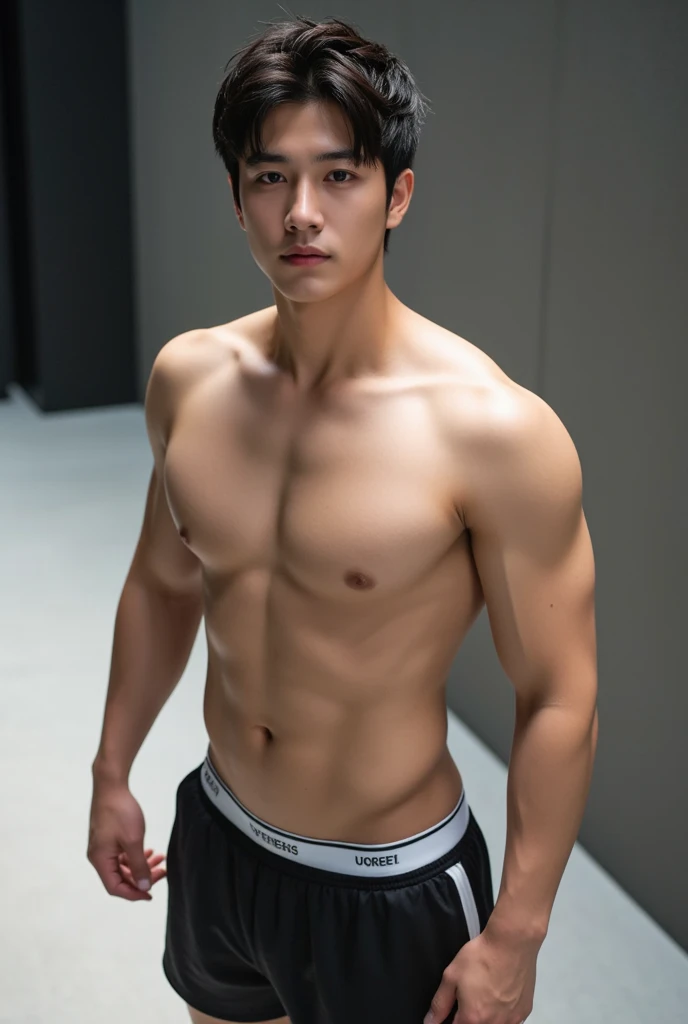 Young asian guy, with big pecs, flat abs, handsome, trendy hair, shirtless, high angle,