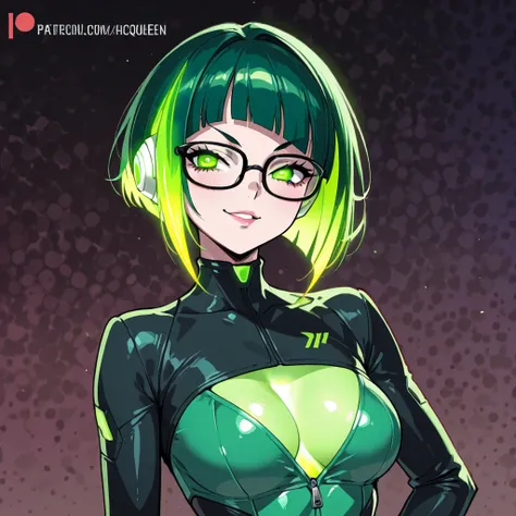 tech queen, hypo queen Assertive, anime, sexy ,asian cosplay glasses, absolute territory android doll athletic, green eye color green hair v2 high quality, inverted bobcut (Karen),face retouch, asian glasses, athlete perfect body athletic, green eye color ...