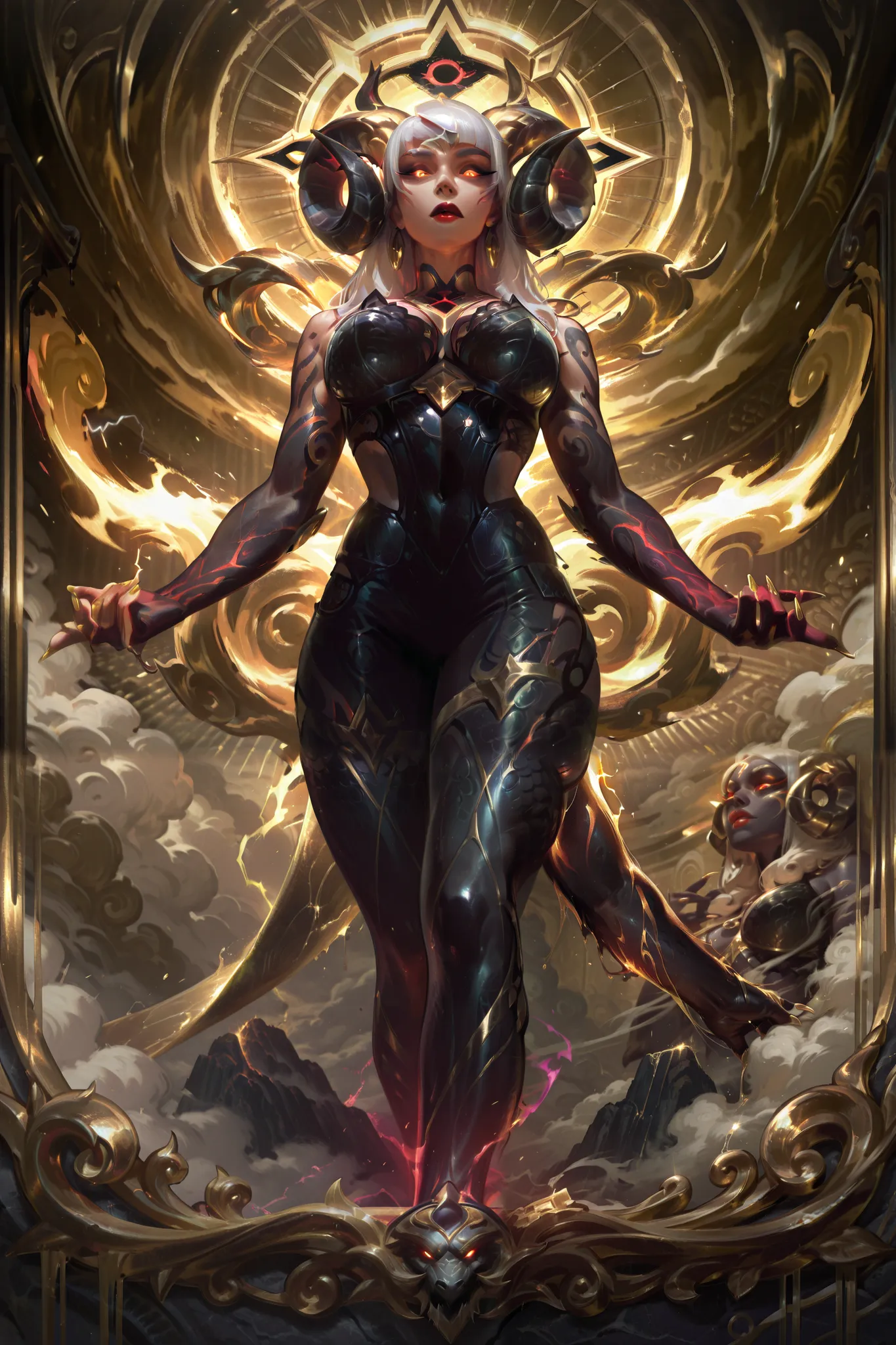 masterwork, masterpiece, best quality, dynamic lighting, game icon, 1girl, dark grey skin, black lizard-scale skin, sheep horns curved, short white hair with bangs, red eyes glowing, puffy glossy red lips, white tattoos swirling, big natural breasts, neckl...