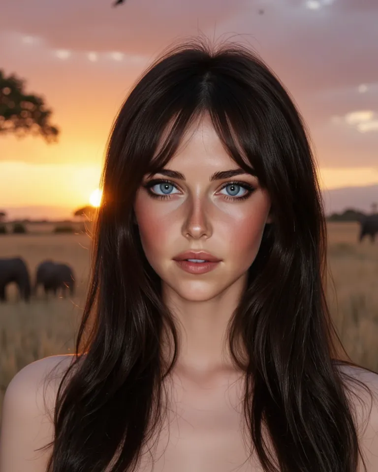 Full figure of an incredibly beautiful young woman (23-year-old) with stunning blue eyes and long black hair with bangs (hair with bangs), delicate freckles. 8k definition. Setting: In the golden grasslands of the African savanna, a vibrant sunset paints t...