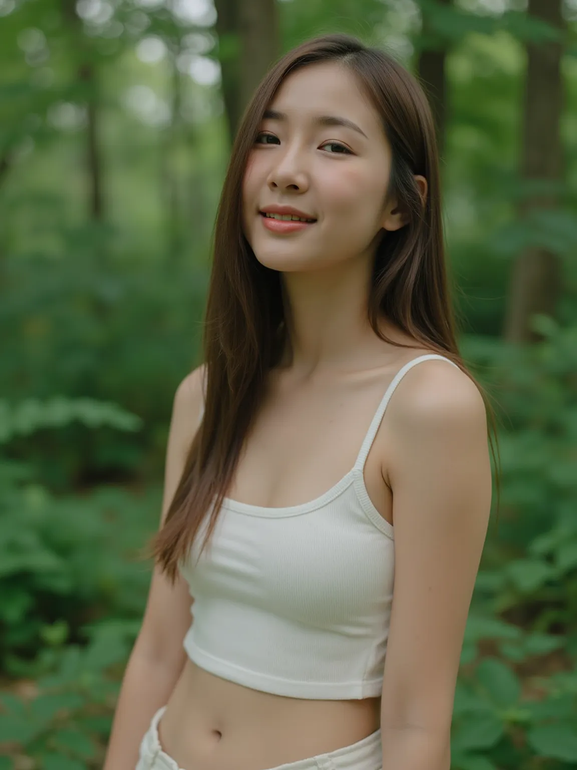 Candid photography of Shy Thai female, 18yo, wearing white tank tops with short pants, sitting with little smile, at forest, close-up, studio lighting, eyes level