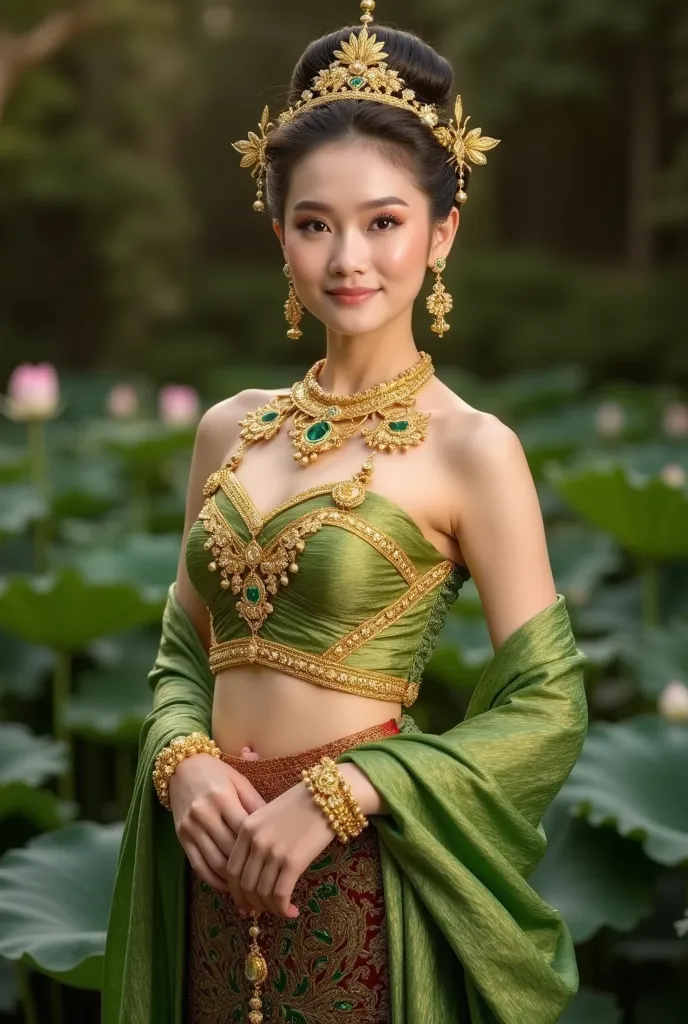 Create a digital image of an elegant Asian woman in a national costume inspired by Thai or Southeast Asian royalty. Her pose is elegant, standing beside a lotus pond at dusk. Her dress is adorned with intricate gold jewelry and green gems, and she wears an...