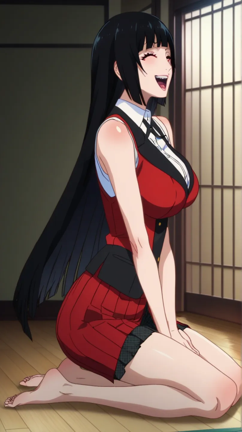 score_9, score_8_arriba, score_7_arriba,   source  _animated, 1 girl, Alone , indoors, day, Jabami Yumeko, red eyes, black hair,  long hair, blows, big breasts, red blazer,  white shirt, looking at the spectator,  eye contact with the spectator,  smile, (p...