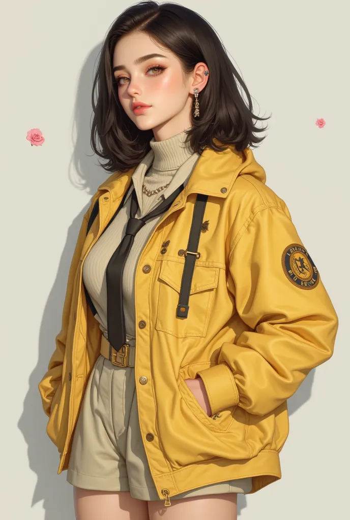 1girl, hand_in_pocket, shorts, solo, necktie, jewelry, earrings, pink_rose, jacket, flower, sweater, belt, rose, pink_flower, parted_lips, turtleneck, medium_hair, lips, yellow_jacket, turtleneck_sweater, cute face, 