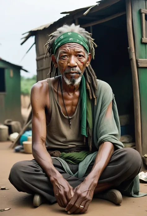 masterpiece, highres, perfect quality, perfect anatomy, focus on skinny old black skinned african male looking like morgan freeman, old age, long grey dreadlocks, wearing green bandana headband, wearing ragged beggar clothes, melancholic face, sad brown ey...