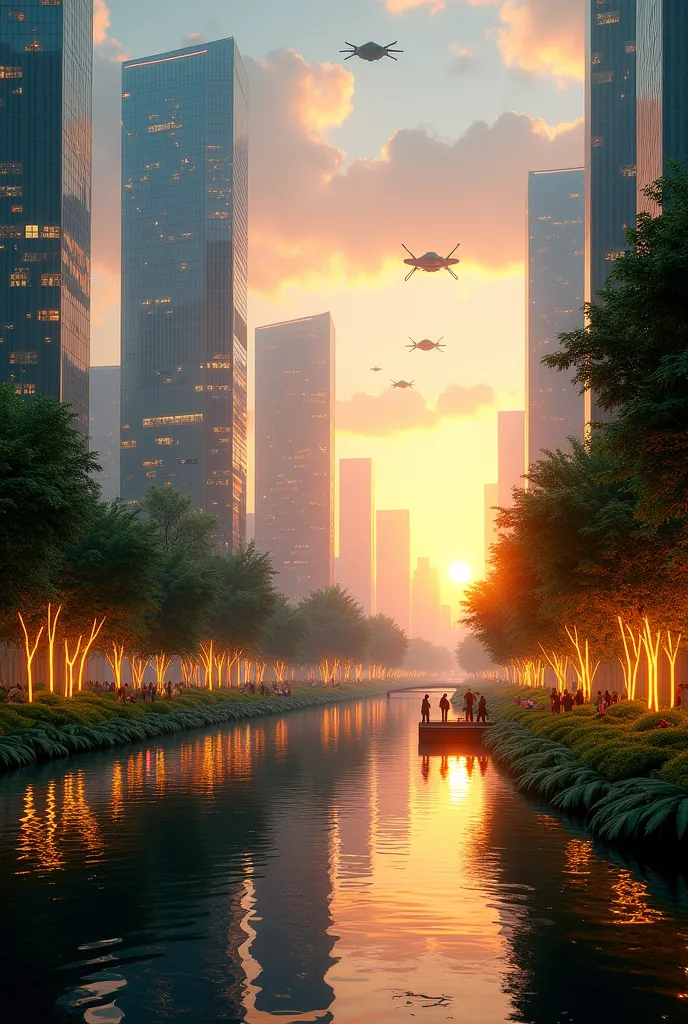 A breathtaking hyper-realistic scene of a futuristic city at sunset, where nature and technology exist in perfect harmony. Towering skyscrapers made of glass and bioluminescent plants glow softly as flying vehicles hover in the sky. Below, a peaceful river...