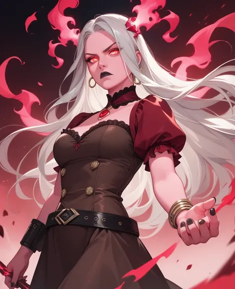 Girl with pink skin, pink skin color, silver hair, long hair, black lipstick, crimson eyes, glowing eyes, Black nails, old Brown dress with a belt on the weist, Brown dress, Belt on weist, crimson energy, crimson aura, serious, serious look