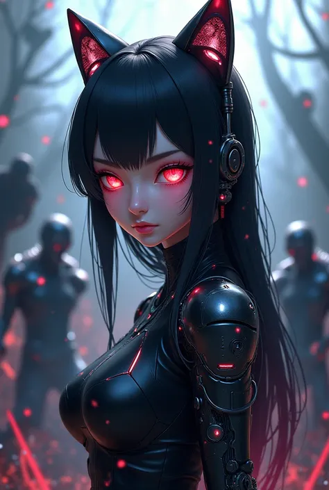 Make an anime-style female character with robotic cat ears and black hair and shrouded in radioactive zombies 
Image size 1181×1748