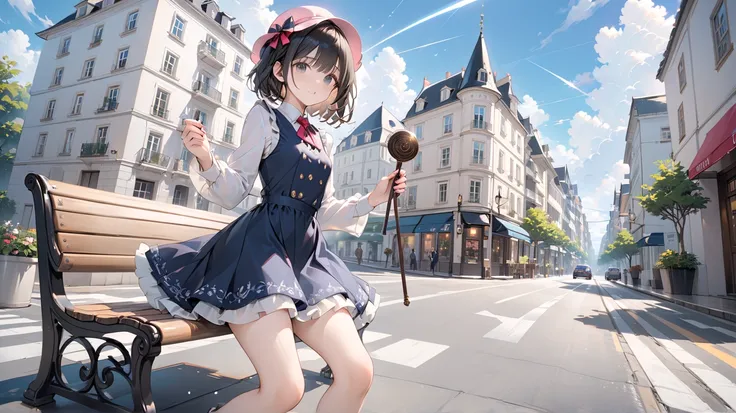 ( best quality ,  high resolution ,  Textured skin , high quality, high detail,  extremely detailed CG unity),One， age girl ， magic 少女，Black short hair，Black Eyes，pink small hat，holding a magic wand，Walking stick ， magic ，cute，Multi-layered ruffles，Lace，Be...