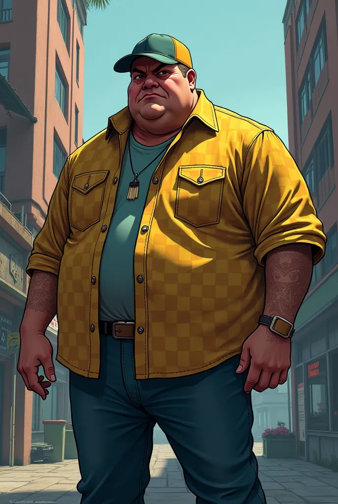 Chubby guy with an angry face tall 1.71 with yellow and blue checkered shirt with trucker cap version GTA