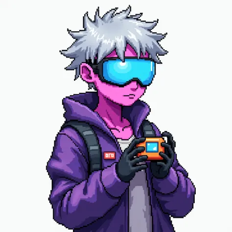 A pixelated draw character with purple skin, wearing a blue visor and a cyberpunk-style jacket. They have messy silver hair and hold a small pixelated device. The background is plain or minimal.