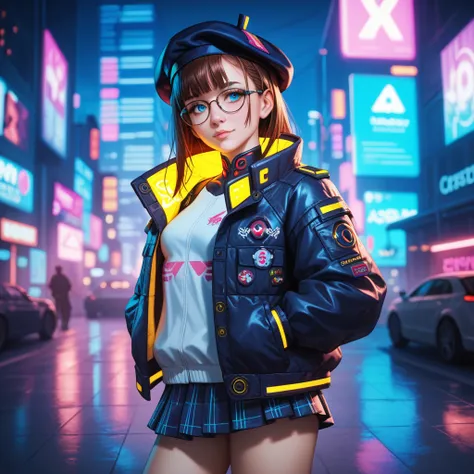  cyberpunk city、cute elementary school girl putting on a mosaic、brown hair and wig、 blue eyes、、A cute cyberpunk jacket and a checked long skirt、 beret、Glasses