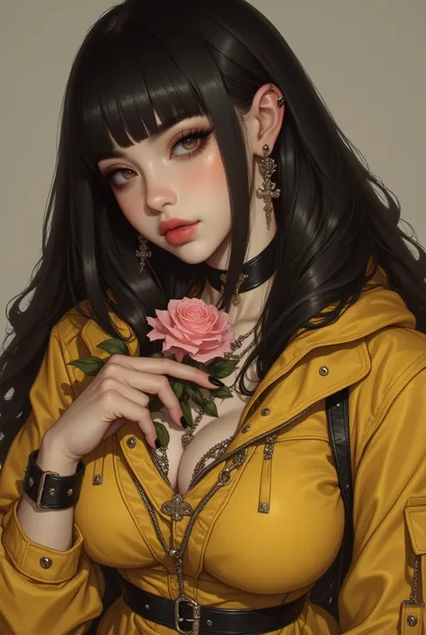 1girl, jewelry, solo, earrings, flower, rose, holding_flower, long_hair, jacket, breasts, holding, parted_lips, yellow_jacket, black_nails, pink_rose, choker, black_hair, looking_at_viewer, piercing, brown_eyes