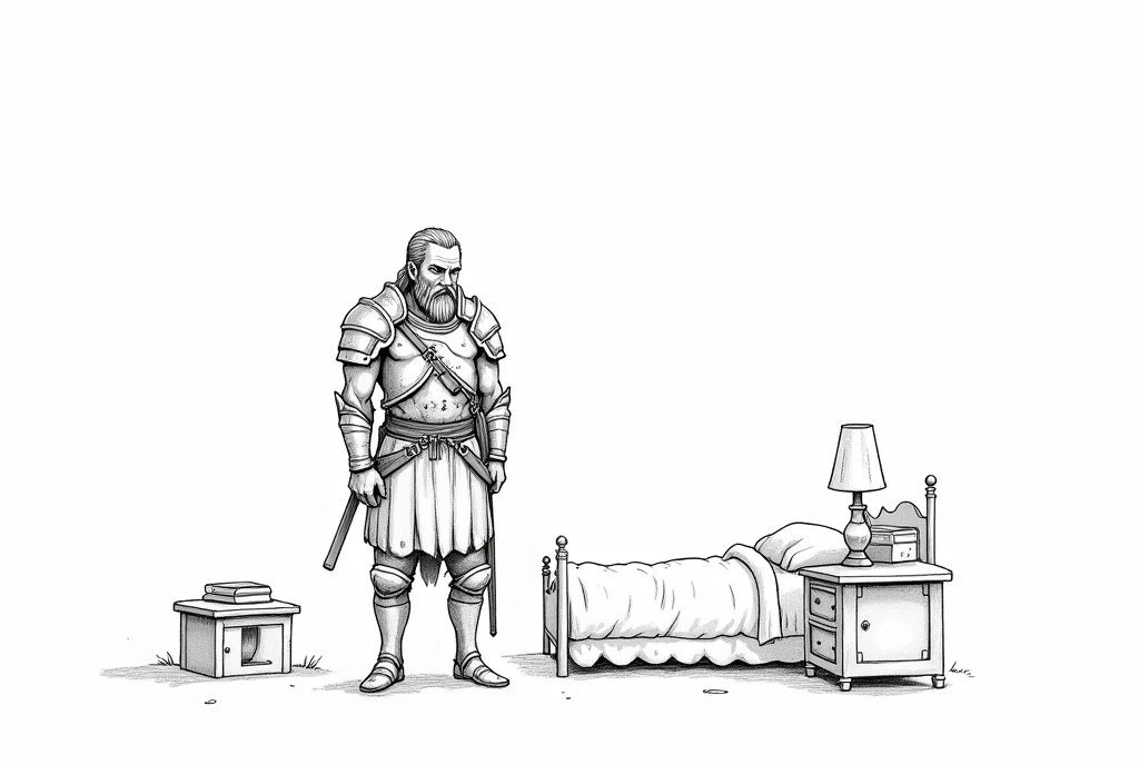 A warrior standing and looking to his bed and side table on which has lamp novel simple sketch with white background 