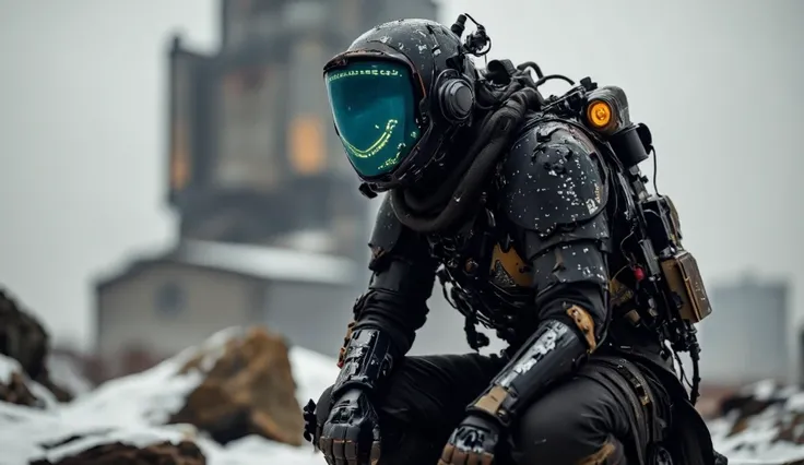 a cyber information scout dressed in dark mechanical armor, equipped with advanced visual devices that cover the face with a glowing display - an ascii art smiley face is visible on the screen. The bleaked yellow and black background accentuates the silhou...