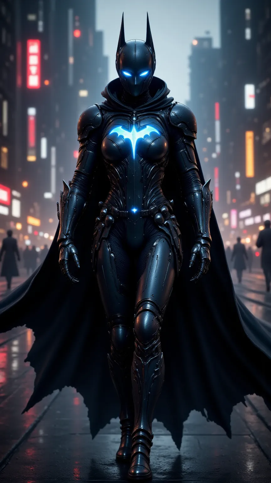 A futuristic Iron Woman suit inspired by Batman. The armor is a sleek, matte black with a glowing blue bat emblem on the chest. The helmet has pointy bat-like ears and incorporates a night vision system. The cape is made of high-tech nanofiber material tha...