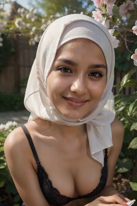 Muslim woman, beautiful, tall, skinny ,  hijab, his skin is white, her smile is charming, reading pee, makakailingerie black, stands very seductively, at noon, In the room 