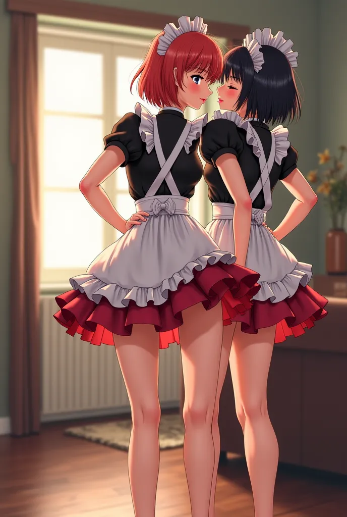  women's group  , female maids ,anime type , and 2D , showing our ass , the maids pull up their skirts , showing her bare buttocks ,  on his back , full body ,  of foot ,  behind  , behind , In the mansion room 