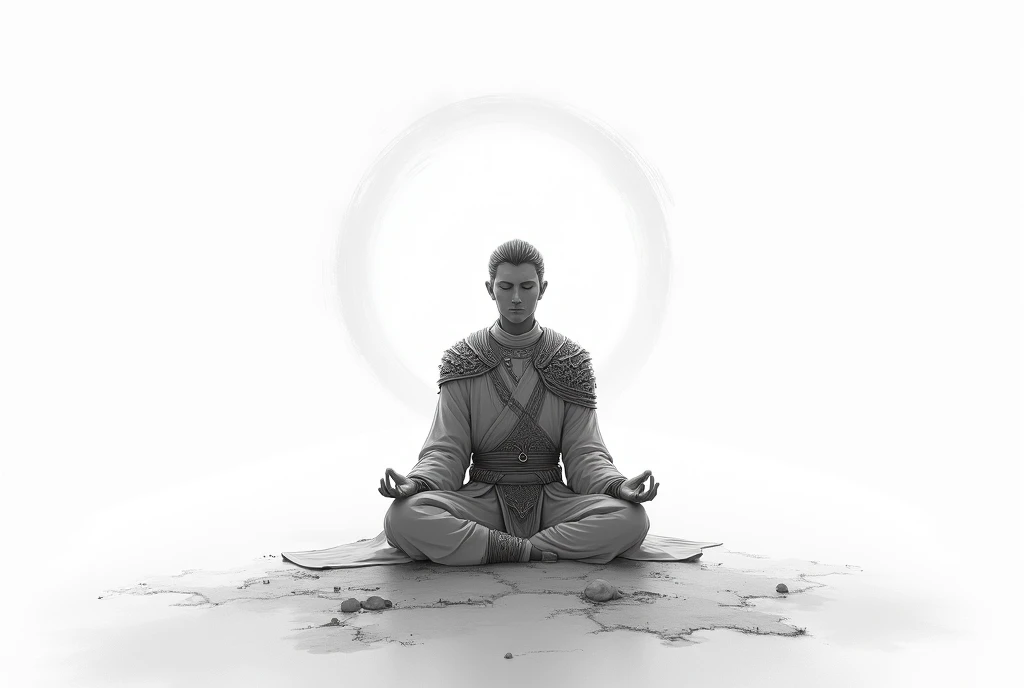 A warrior meditating on sunrise novel sketch with white background 