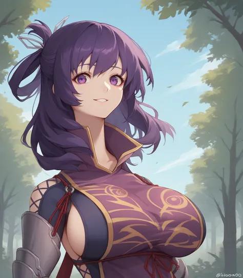 score_9, score_8_up, score_7_up, score_6_up, score_5_up, score_4_up, BREAK source_anime,
1girl, solo,  Rixia Mao, dark purple hair, medium hair, half updo, purple eyes, huge breasts, naked sideboob, deep cleavage, cleavage cutout, tabard, armored boots, th...