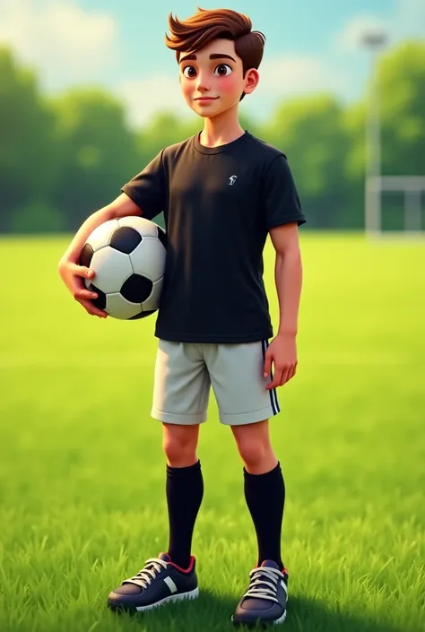  teenager with fair skin, brown eyes, brown hair brushed slightly to the side, with black t-shirt, white shorts, and a soccer ball in his hand on a soccer field