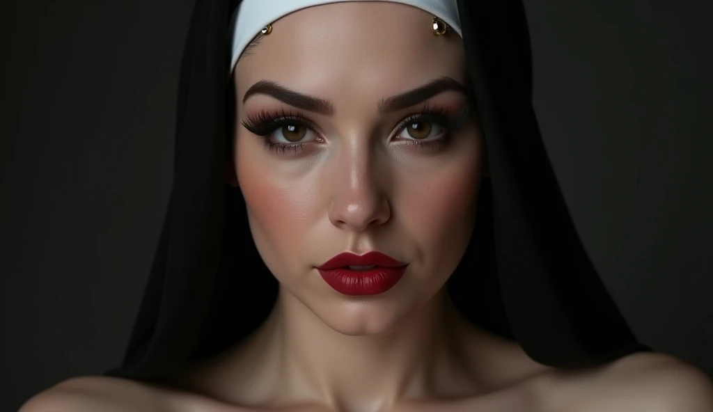 a gorgeous voluptuous 2 bad nun, ultra detailed realistic portrait, beautiful detailed eyes, beautiful detailed full red lips, extremely detailed face and features, long eyelashes, hourglass figure, (best quality,4k,8k,highres,masterpiece:1.2),ultra-detail...