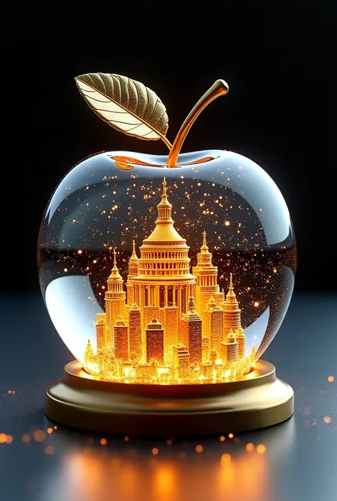 Prompt Formula:
A crystal apple-shaped snow globe with a golden miniature city inside, intricate architectural details, floating diamond-like particles, illuminated with soft glowing light, highly detailed, ultra-realistic, cinematic lighting, dark elegant...