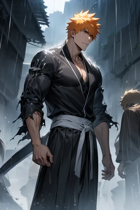 1 Boy,  featuring a male , Kurosaki Ichigo, bleach, black hakama, tensa zangetsu (For the bank),  ripped clothes ,  outside, rain, pectoral , (masterpiece), (best quality), ( ultra-detailed ), very aesthetic, illustration, Tousled hair, composition parfait...