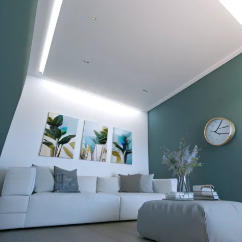 there is a white sofa in a living room with a clock on the wall, con Tilted roof blanco mate, rendered lighting, Well lit 3d rendering, Tilted roof,  oled lights in the corners , Cinematic accent lighting, 3ds max rendered , low ceiling ,  bluish green amb...