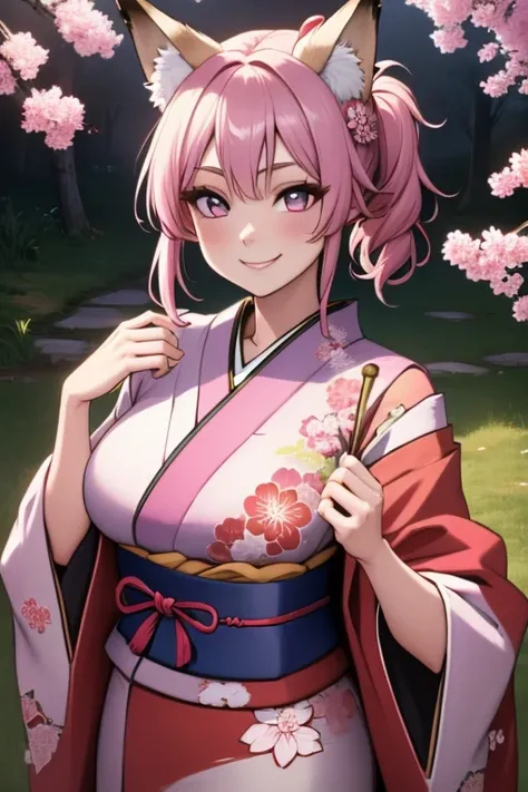 Perfect face. Perfect face. A pink haired woman with violet eyes and pink fox ears and a pink fox tail in a cute kimono is smiling underneath a cherry blossom