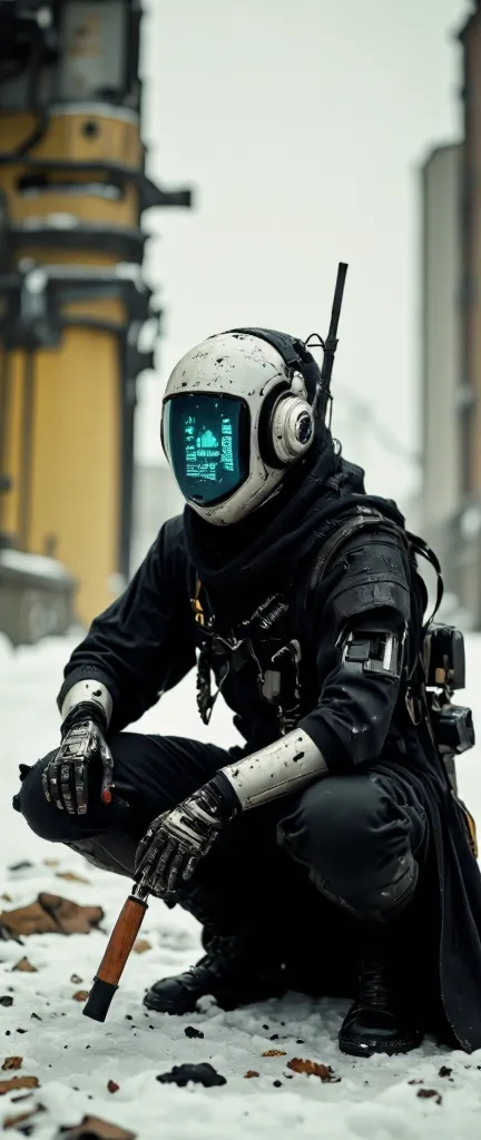 a cyber information scout dressed in dark mechanical armor, equipped with advanced visual devices that cover the face with a glowing display - an ascii art smiley face is visible on the screen. The bleaked yellow and black background accentuates the silhou...