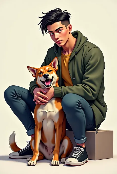 Stuffed image of a man and a dog posing for a photo, a character portrait inspired by Yanjun Cheng,  trends in Artstation , Neo-dad , Art in the style of Guweiz, androgynous, androgyny, Ross Tran Style, androgynous male,  concept art of a single boy ,  com...