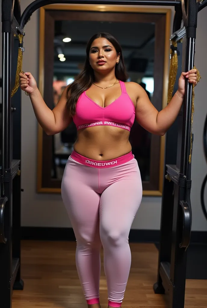 A voluptous  plus size desi  aunty woman , , and full makeup is tied to a large, fair skin, pullup stand in gymagainst the wall. unconsious body in contact with board, ,She has a fair complexion, expressive dark eyes,  eyes closed,full big lips,pinkredish ...