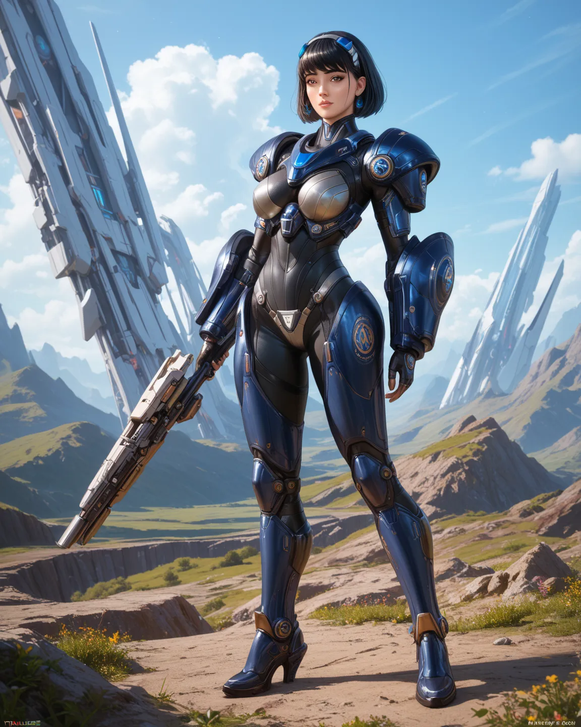 girl, black hair, brown eyes, fullbody, Thighs, Muv-Luv Alternative, Fortified Suit, alien,full body, armor boots 