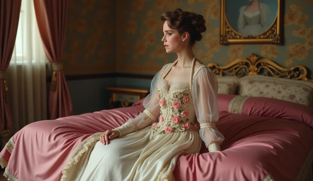 England , Summer of the year 1902.Set in Edwardian times. She is , chubby,brown hair and eyes  Her hair is styled in soft waves, likely pinned up at the back, with volume at the crown, giving it a sophisticated and graceful appearance.
Her attire is a lavi...