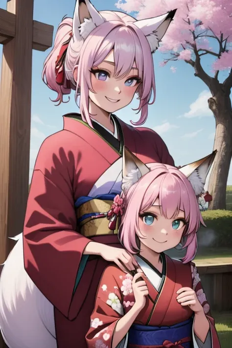 Perfect face. Perfect face. A pink haired woman with violet eyes and pink fox ears and a pink fox tail in a cute kimono is smiling while hold a fan underneath a cherry blossom