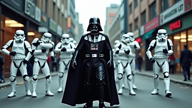 A cinematic shot of an elaborate K-pop video in which Darth Vader is dancing with storm troopers as his back-up dancers. they are in the middle of a synchronized dance move. The setting is an urban street scene