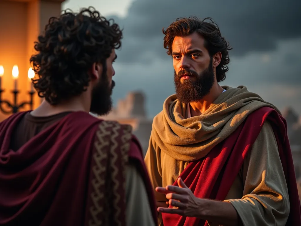 Prophet Samuel - Moment of Warning
Prophet Samuel stands in front of King Saul in a tense moment, his expression firm yet compassionate. His eyes are serious, conveying the gravity of his message. Samuel’s hand is raised, as if giving a final warning. Behi...