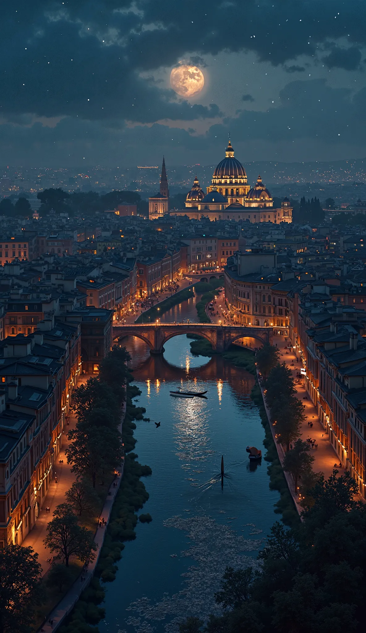 An aerial view of Rome at nightfall, with the Tiber River reflecting the lights of the city, the golden domes of the churches twinkling under the starry sky.