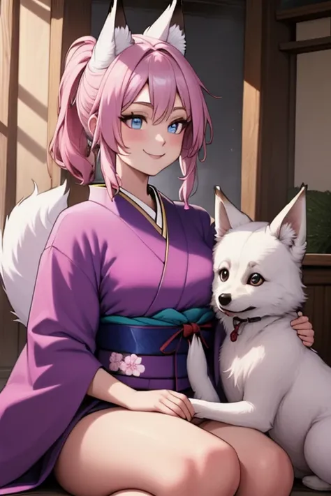 Perfect face. Perfect face. A pink haired woman with violet eyes and pink fox ears and a pink fox tail in a cute kimono is smiling while hold a fan underneath a cherry blossom