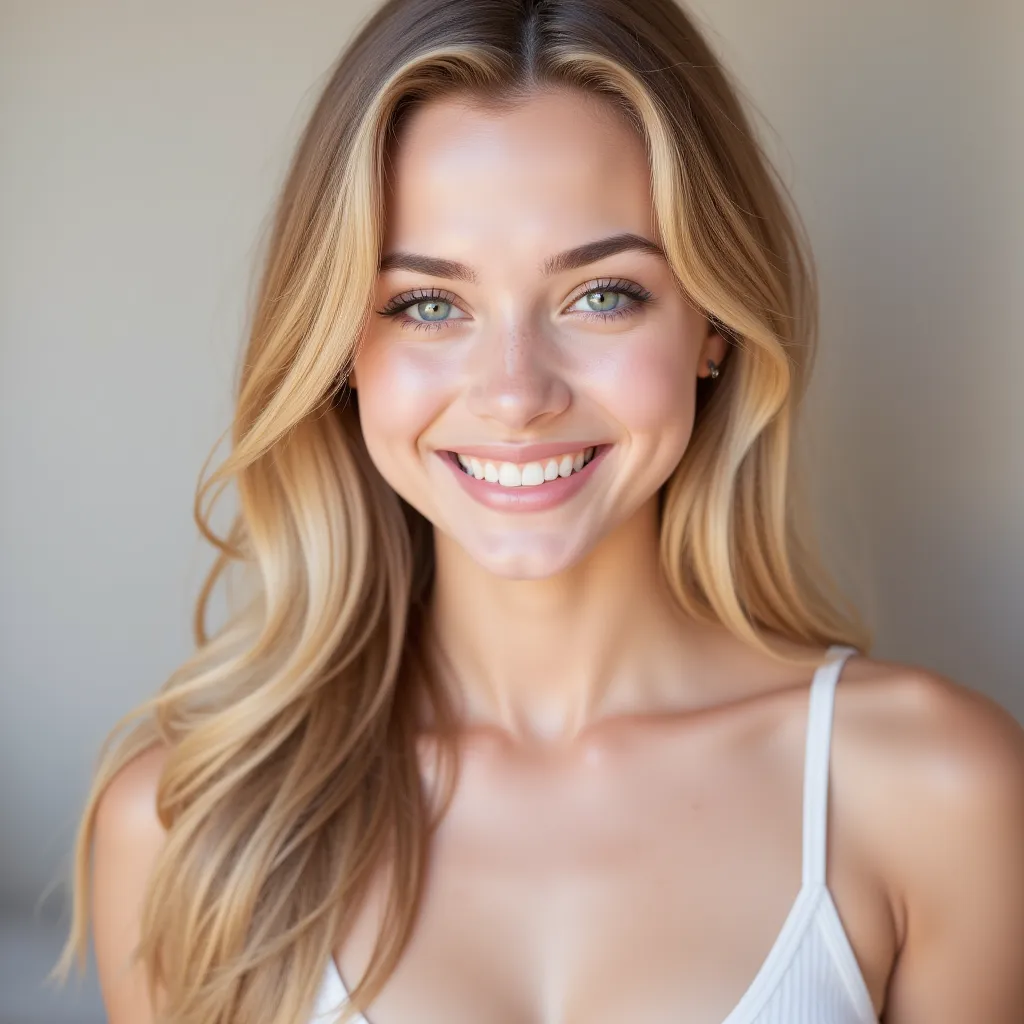 "A portrait of an 18-year-old white young woman with fair skin, long wavy blonde hair, and sparkling blue eyes. She has soft, delicate features, with a bright and friendly smile. Her expression is natural and confident, with light makeup that enhances her ...